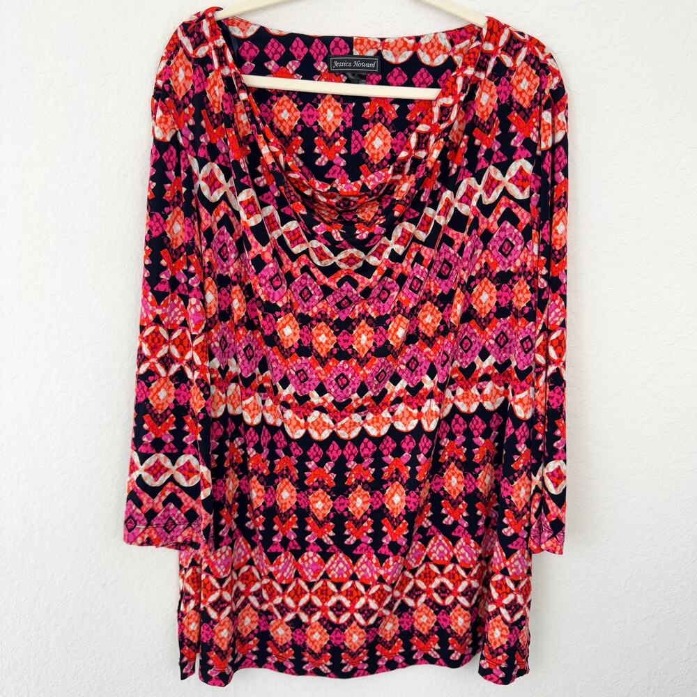 Jessica Howard Womens Tunic Top Blouse Size 24W Geometric Gathered Orange